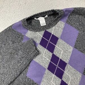 Geoffrey Beene‎ Argyle Sweater Mens Large Gray Purple Long Sleeve Pullover Crew